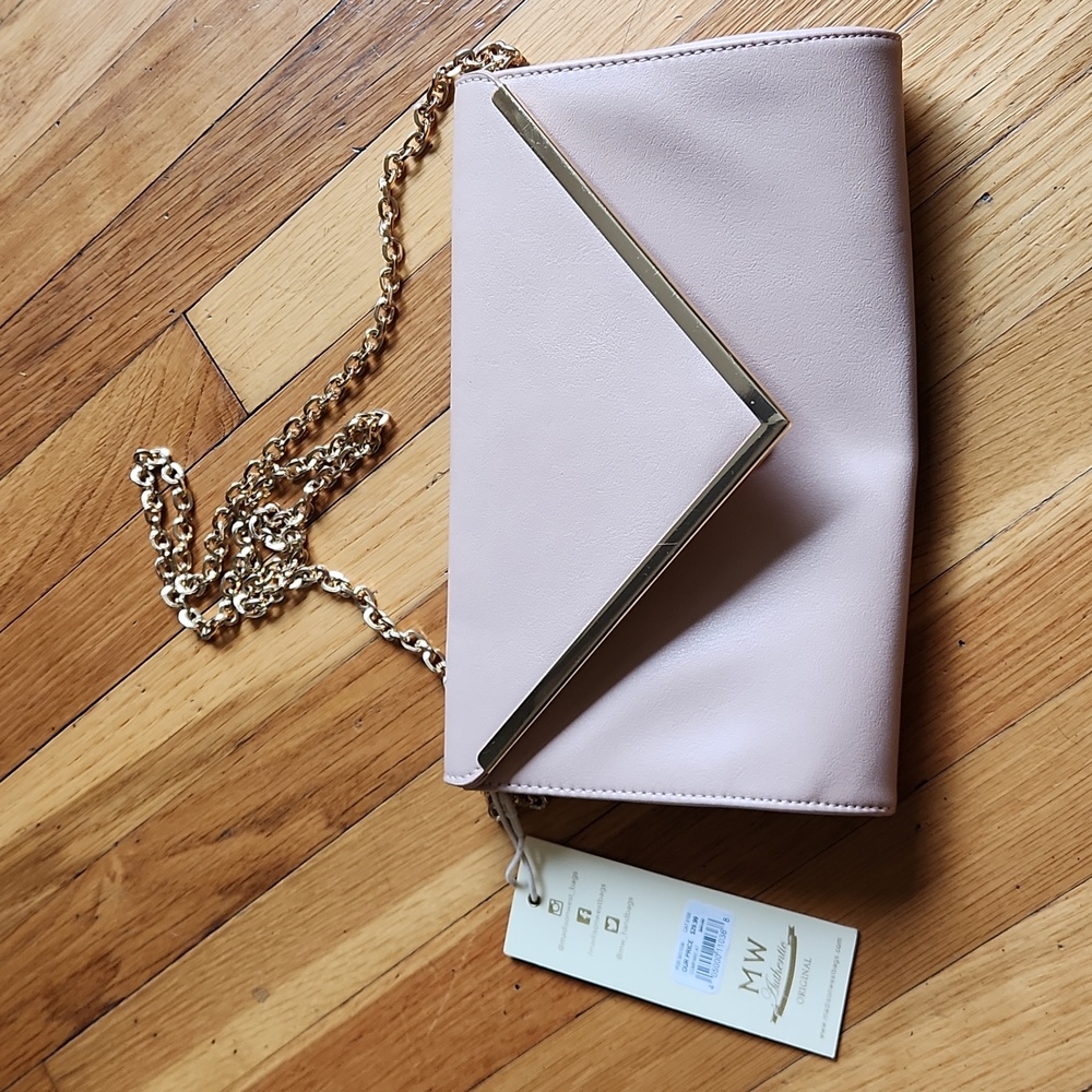 Madison West Neutral Clutch With Gold Details/Chain